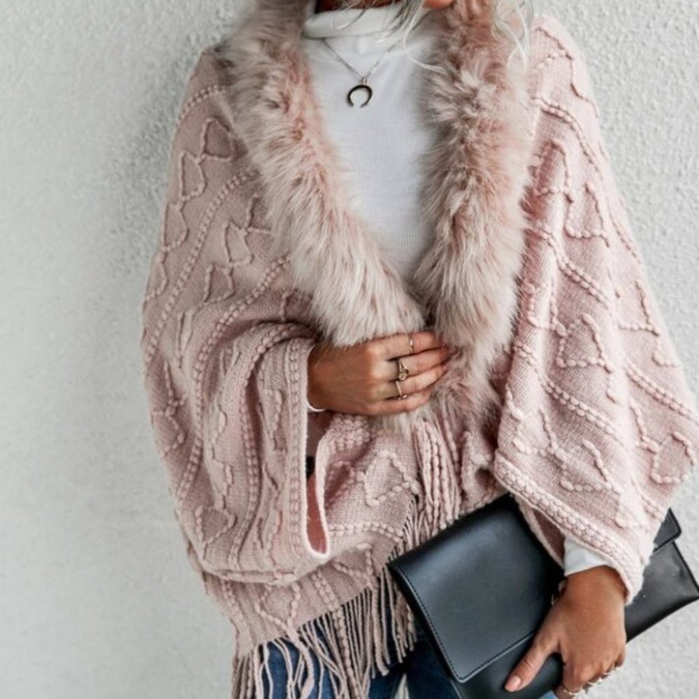 pink vegan fur fringe detail open front cardigan - Picture 6 of 6